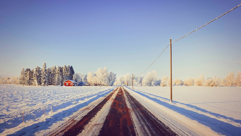 Red House in Snow — White, Serene, Winter, Photograph, Road