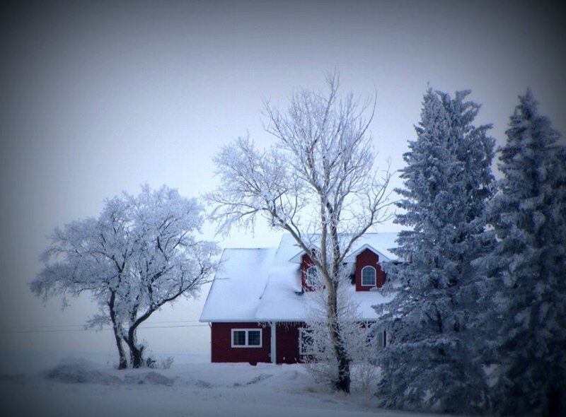 Red house in snowy landscape