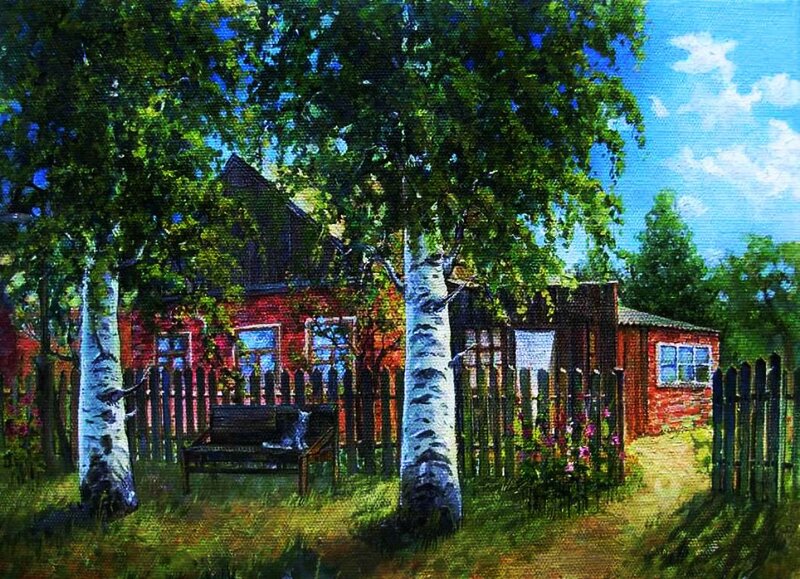 Red House with Birch Trees