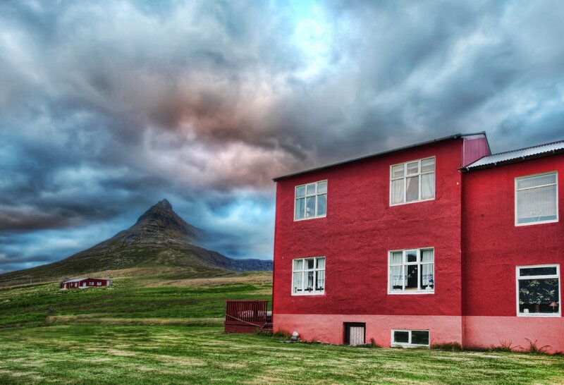 Red house with mountain view