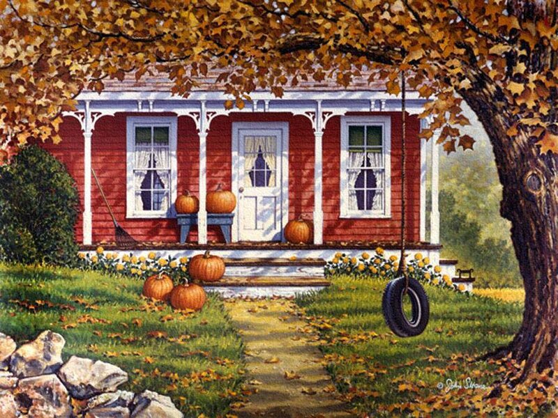 Red House with Pumpkins