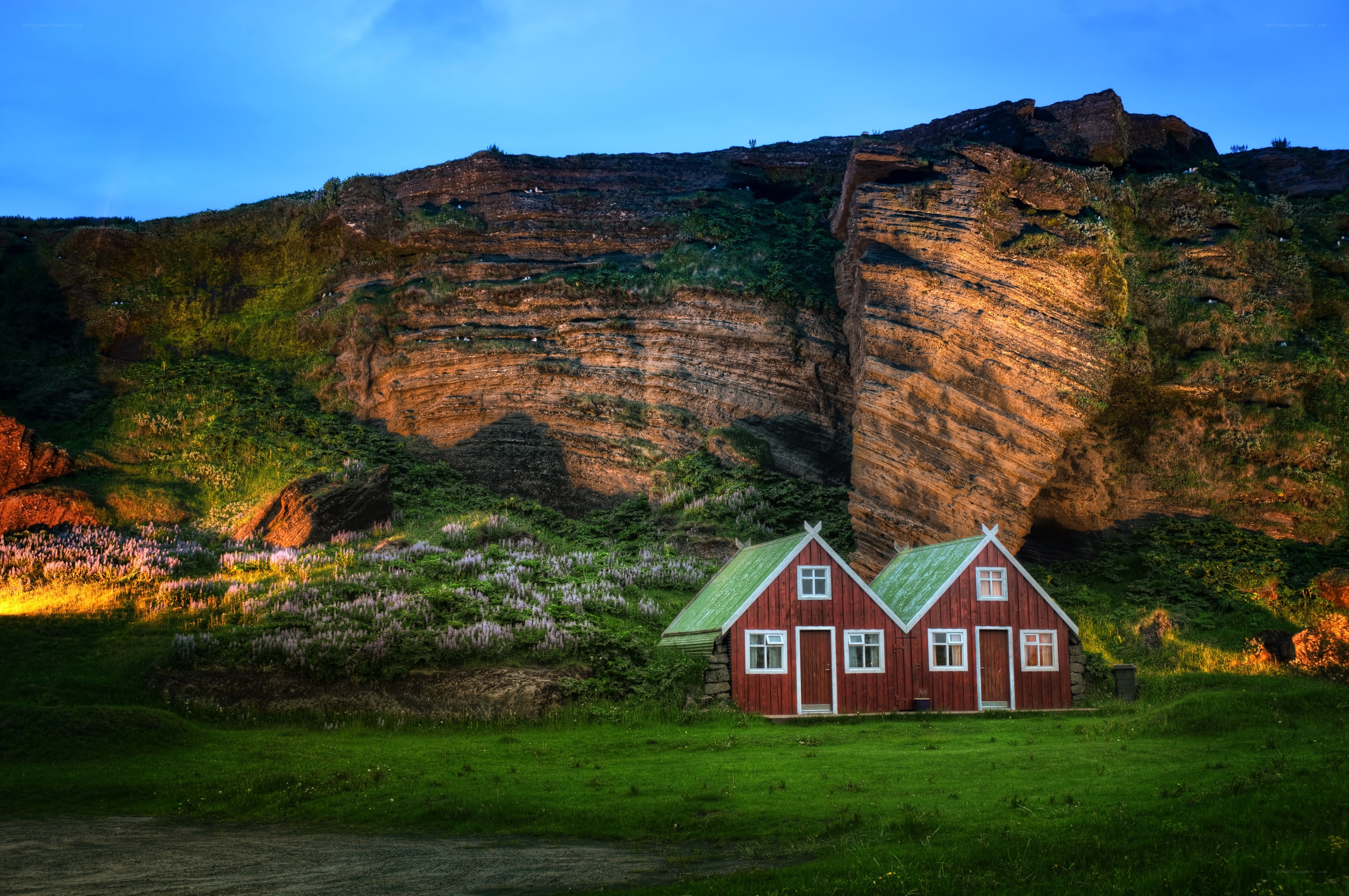 Red houses by a cliff