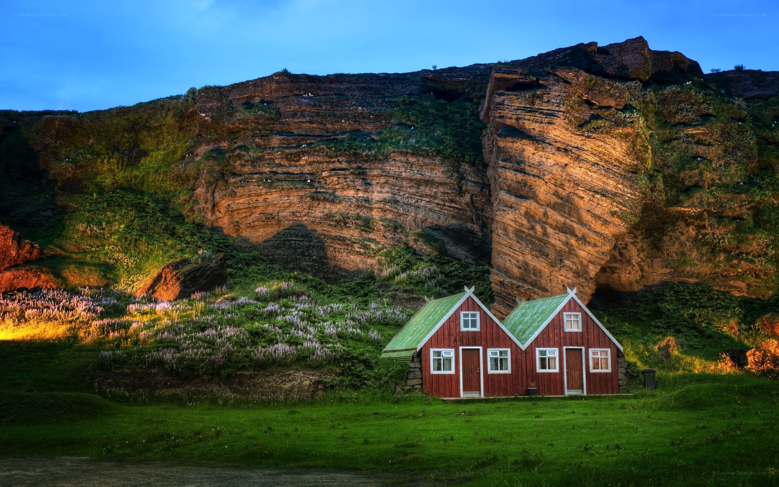 Red houses by a cliff
