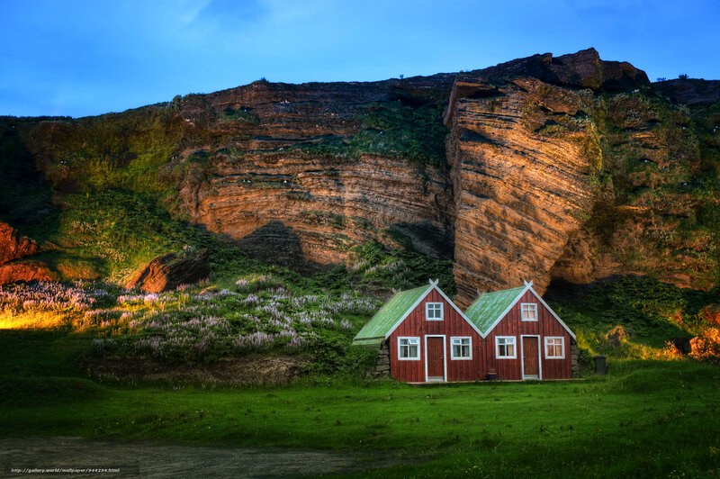 Red Houses by Cliffs — Green, Dramatic