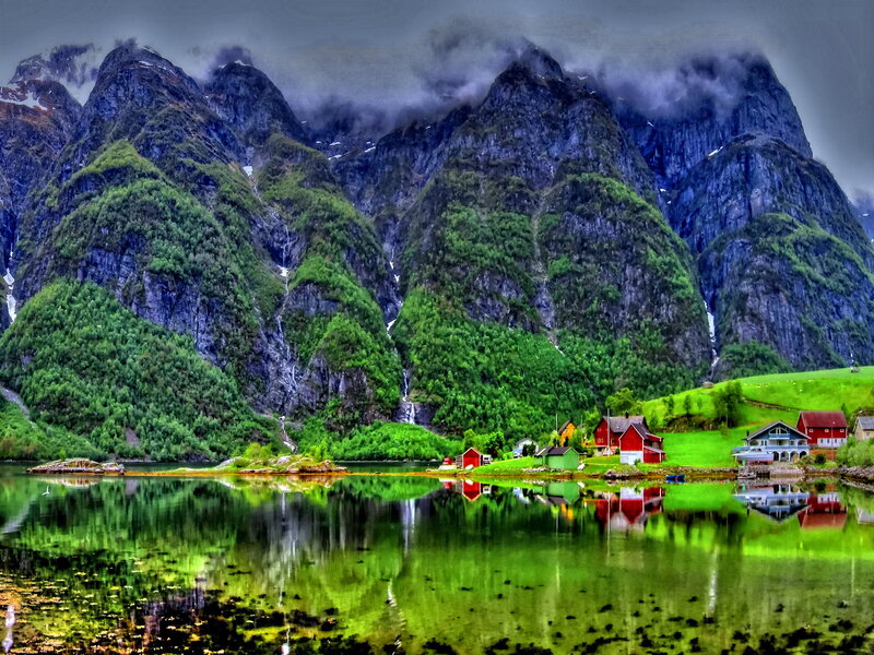 Red Houses by Fjord — Green, Dramatic