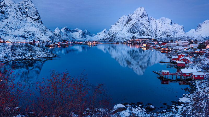 Red Houses in Fjord — Blue