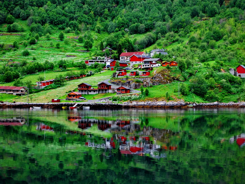 Red Houses on Hillside — Green