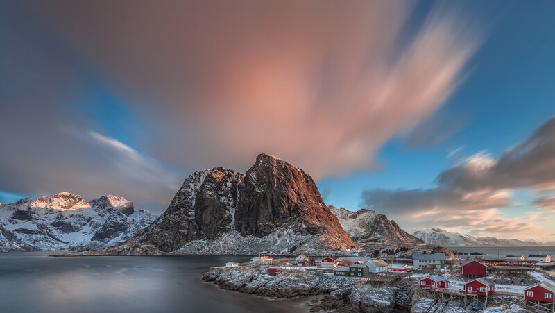 Red Houses on Rocky Shore — Blue, Dramatic