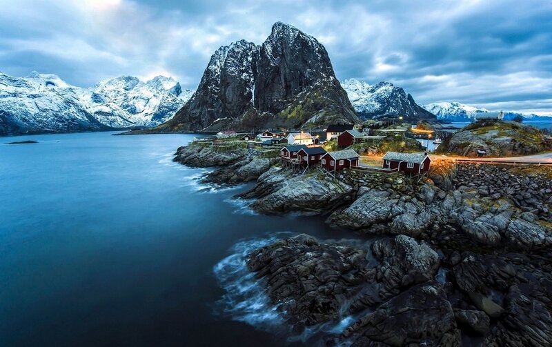 Red Houses on Rocky Shore — Blue