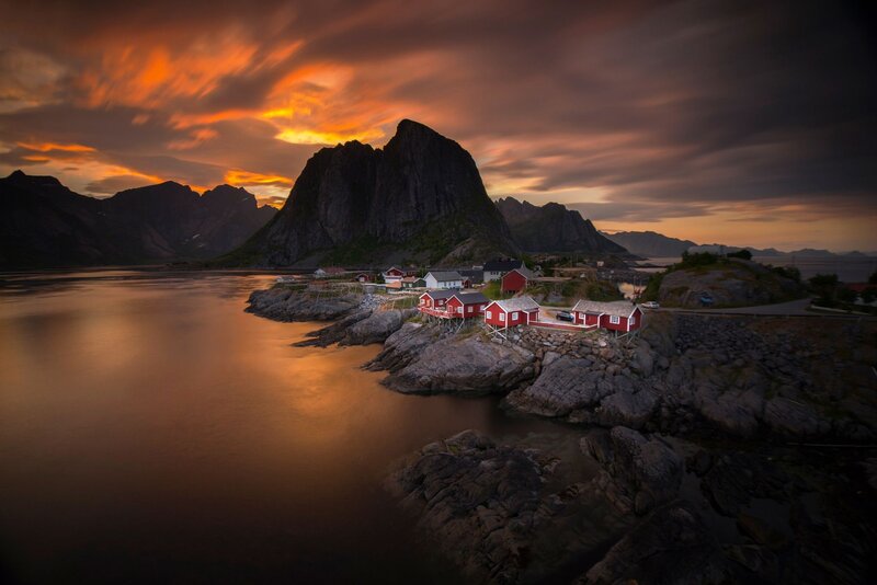 Red Houses on Rocky Shore — Orange, Dramatic