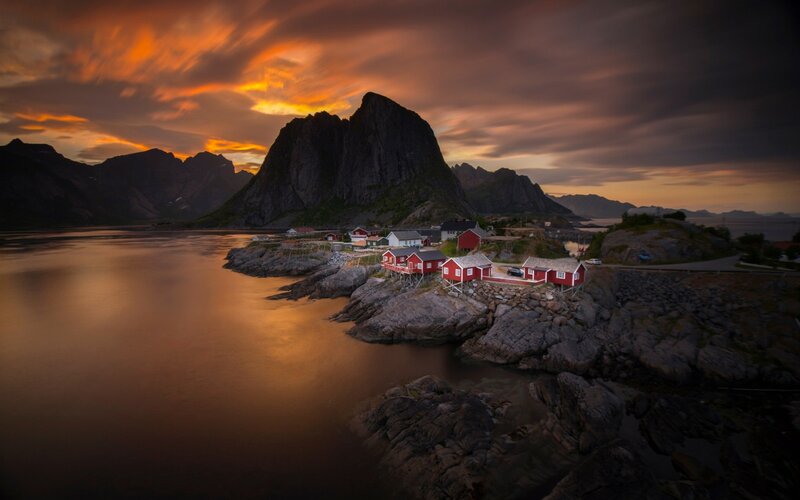 Red Houses on Rocky Shore — Orange