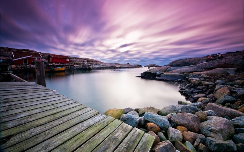 Red Houses on Rocky Shore — Purple
