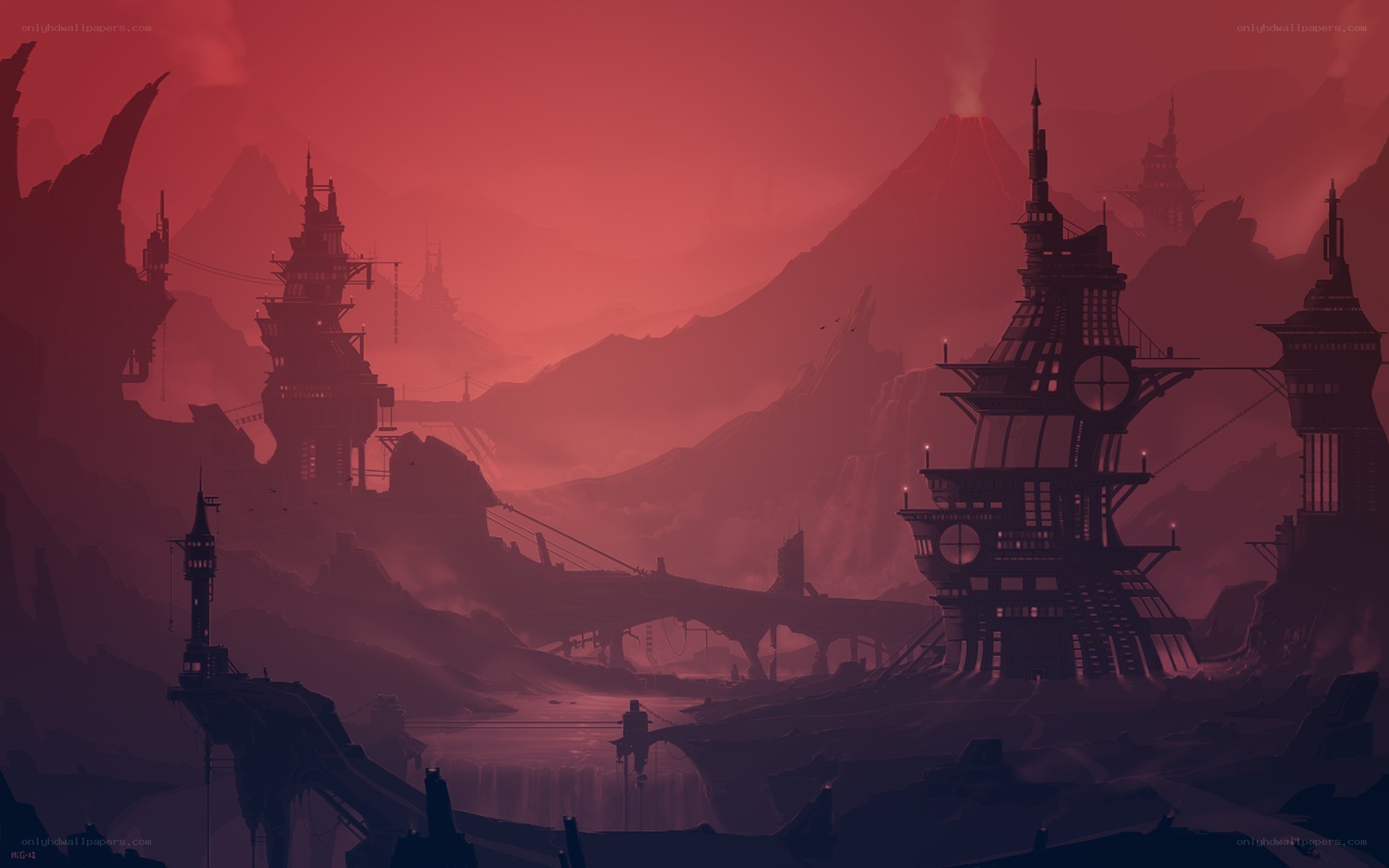 Red-hued alien cityscape