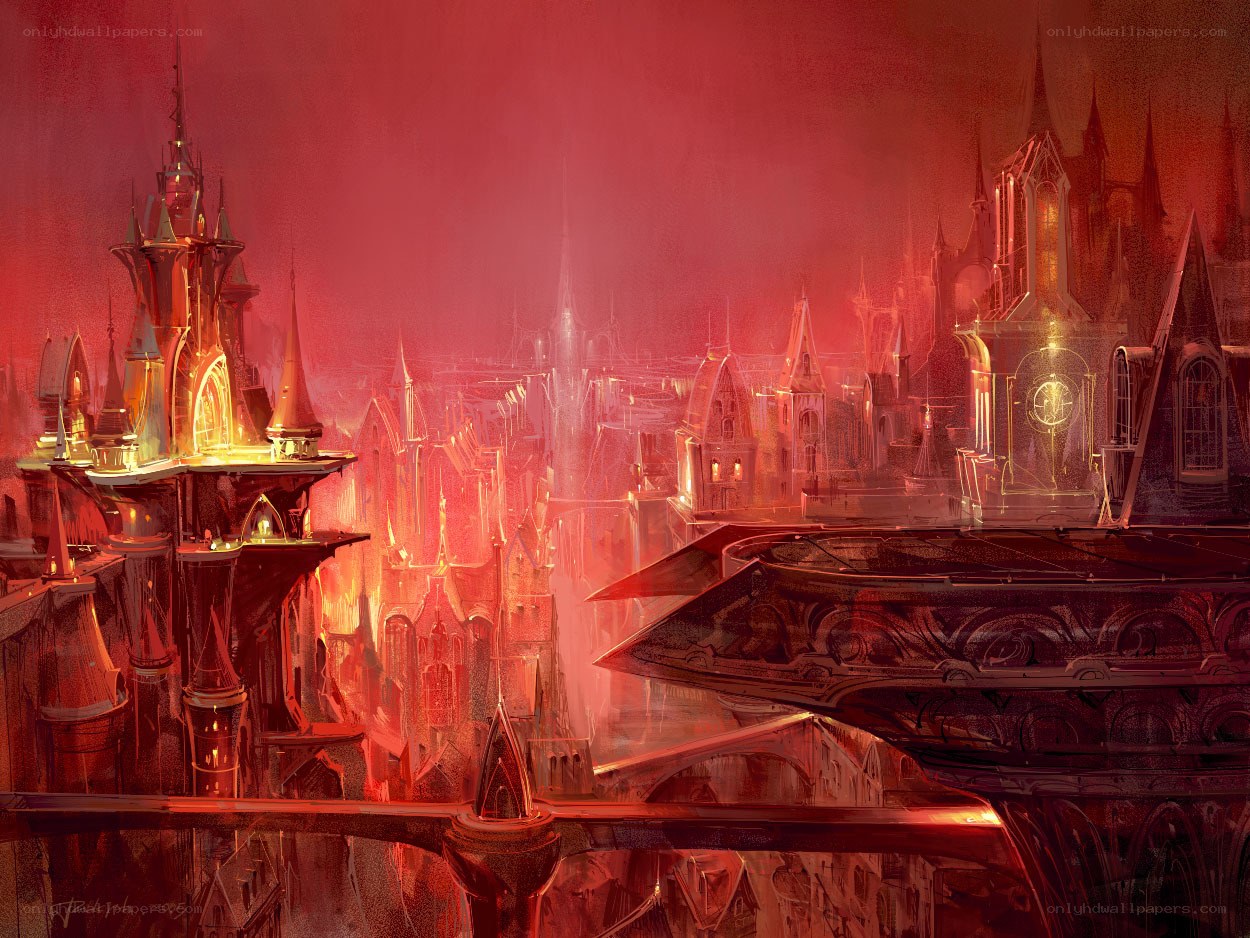 Red-hued fantasy cityscape