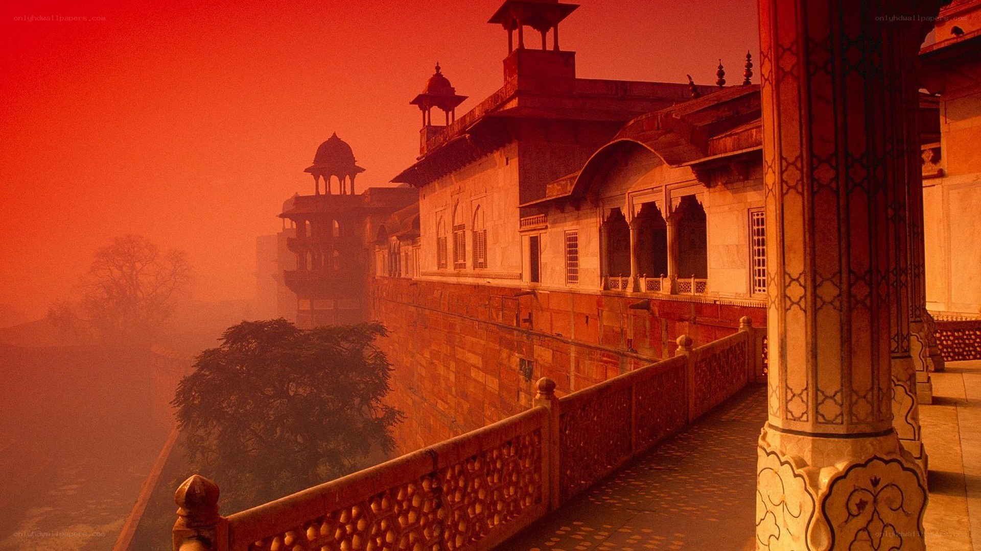 Red-hued palace at dawn
