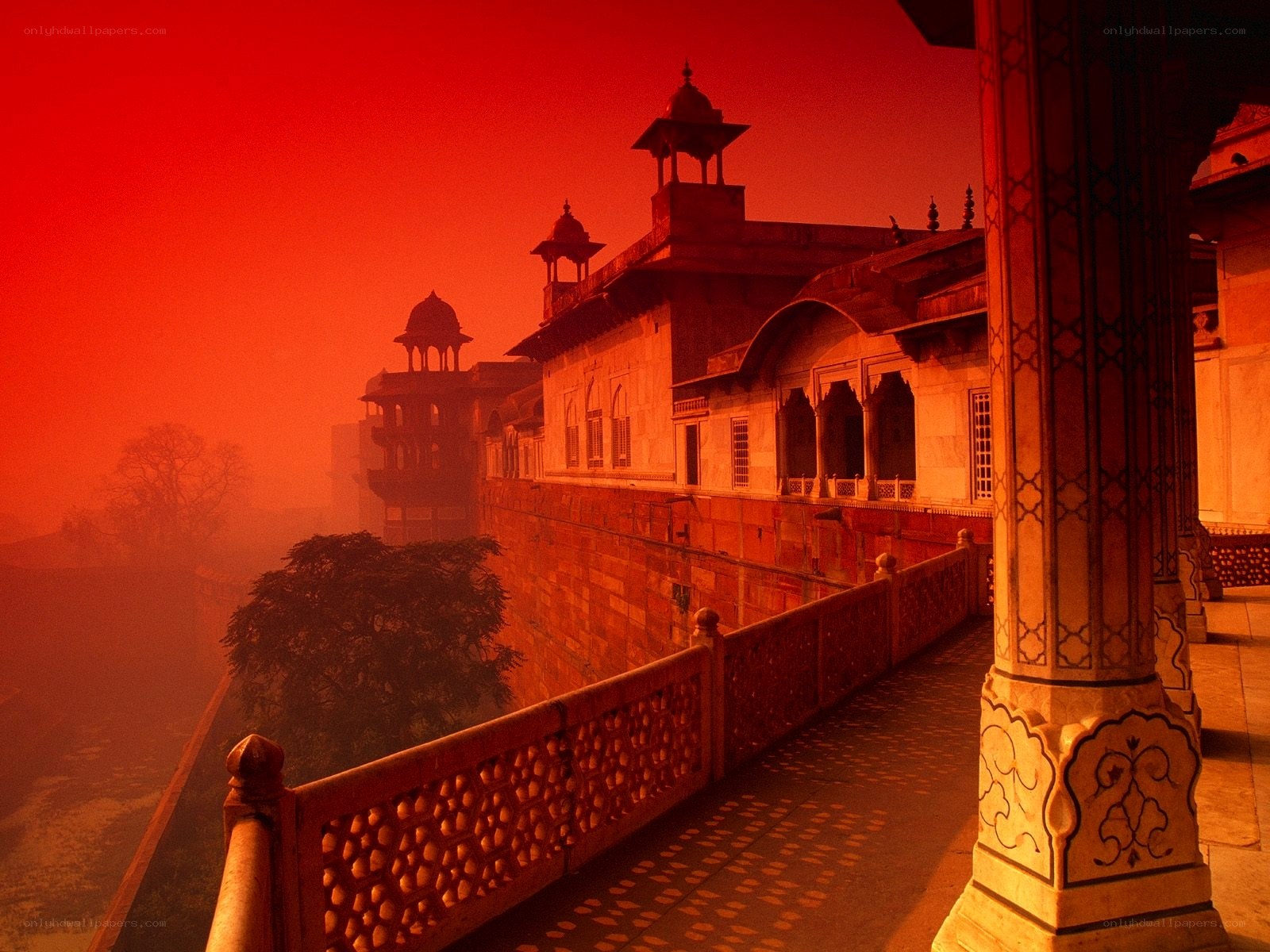 Red-hued palace at dawn