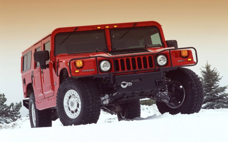 Red Hummer in Snow — Dramatic, Winter, Photograph, Trees, Grille, White, Black