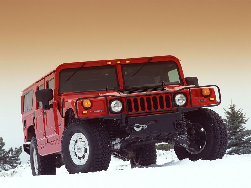 Red Hummer in snowy landscape
