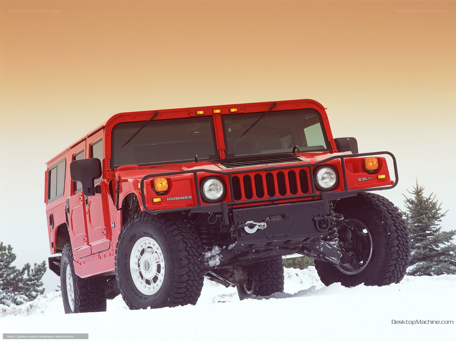 Red Hummer in snowy landscape