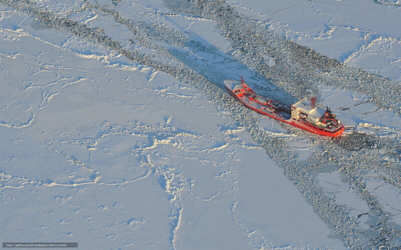 Red icebreaker in Arctic ice