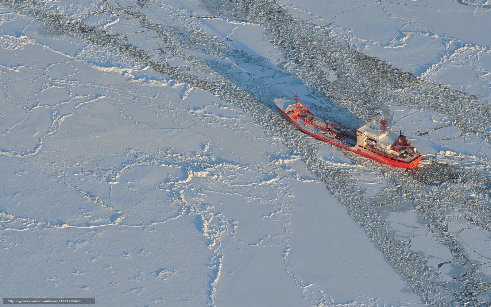 Red icebreaker in Arctic ice