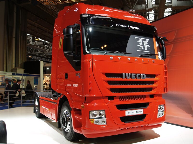 Red Iveco Stralis truck on display