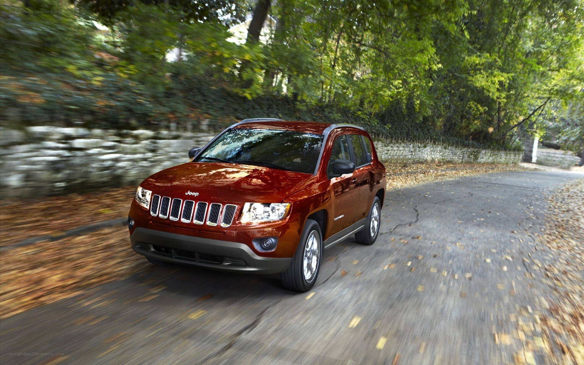Red Jeep Compass on a forest road