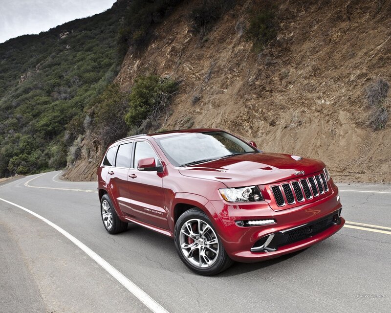 Red Jeep Grand Cherokee on a winding road