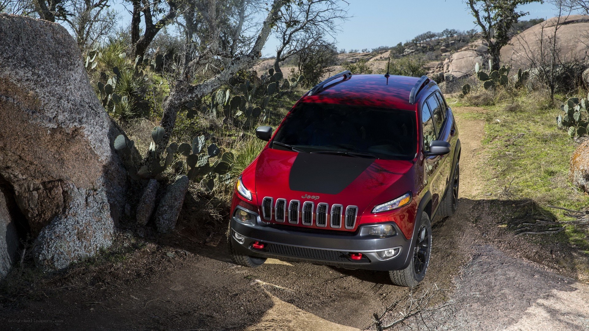 Red Jeep on a dirt trail