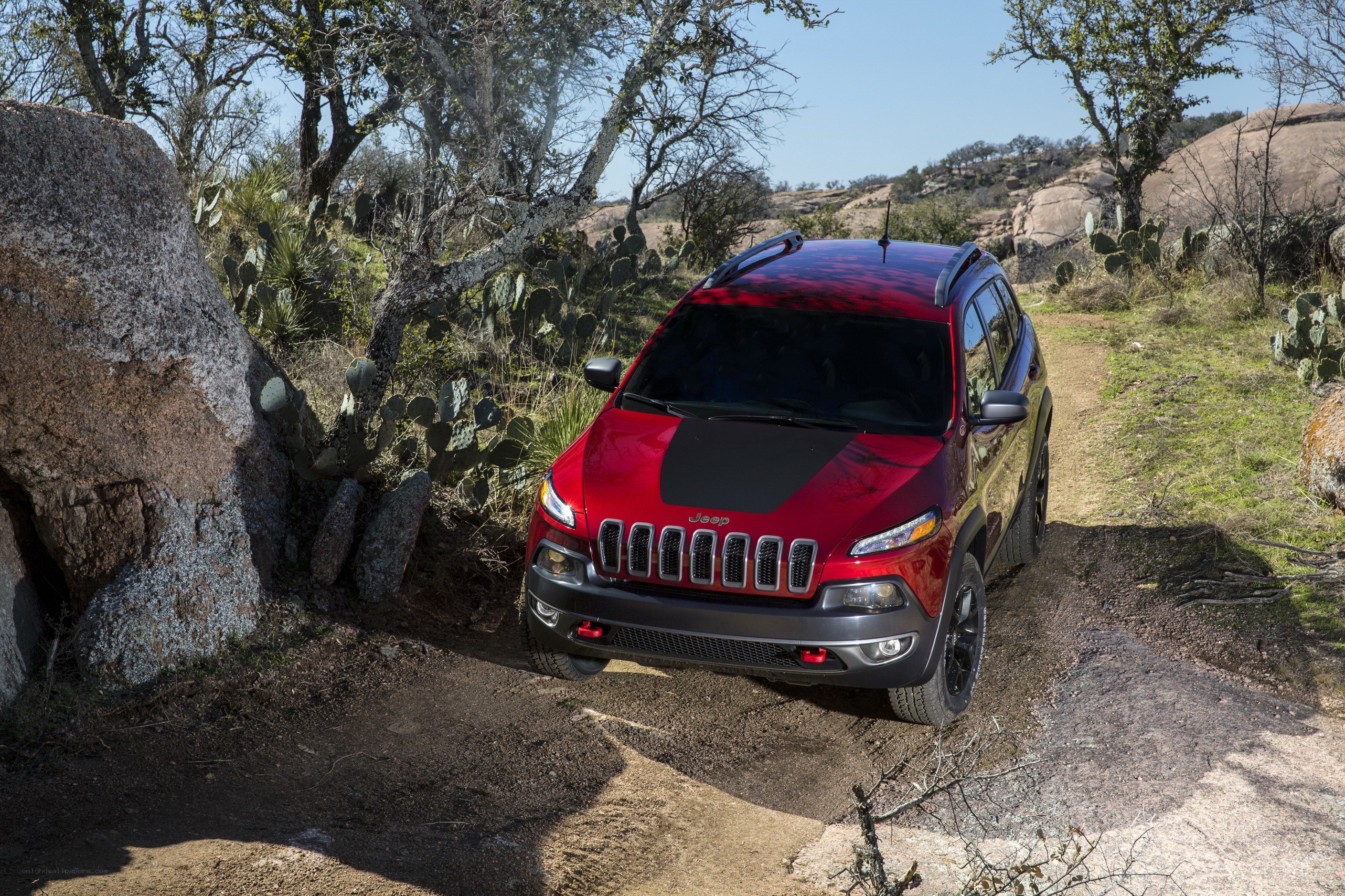 Red Jeep on a dirt trail