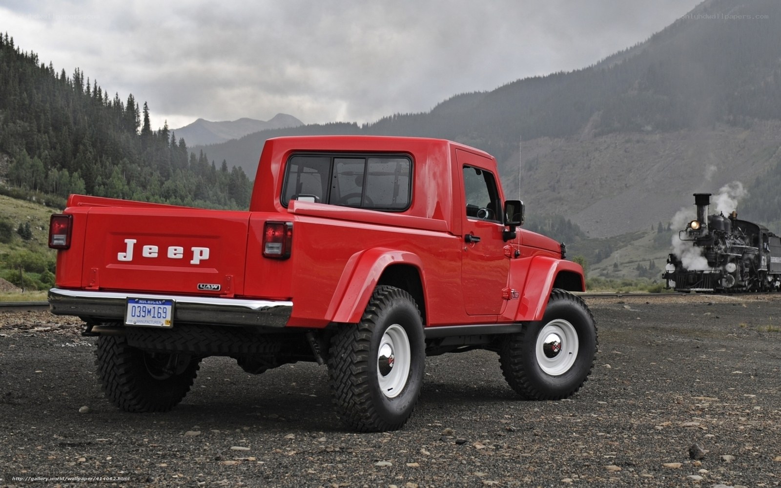 Red Jeep pickup truck
