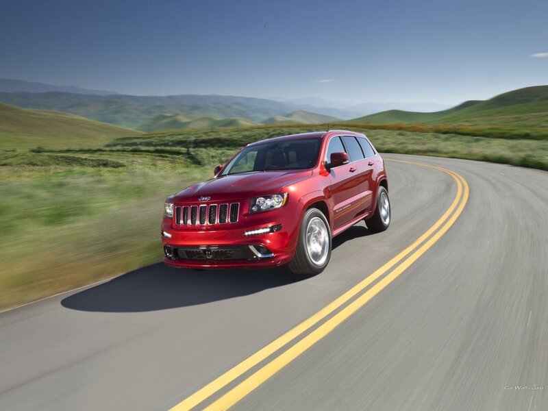 Red Jeep Suv — Dynamic, Afternoon, Photograph, Car, Road, Hills, Green, Gray