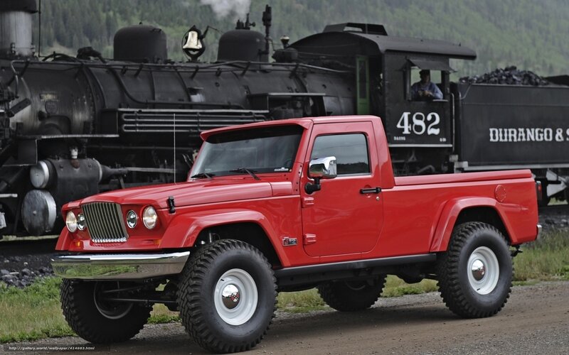 Red Jeep Truck Near Train