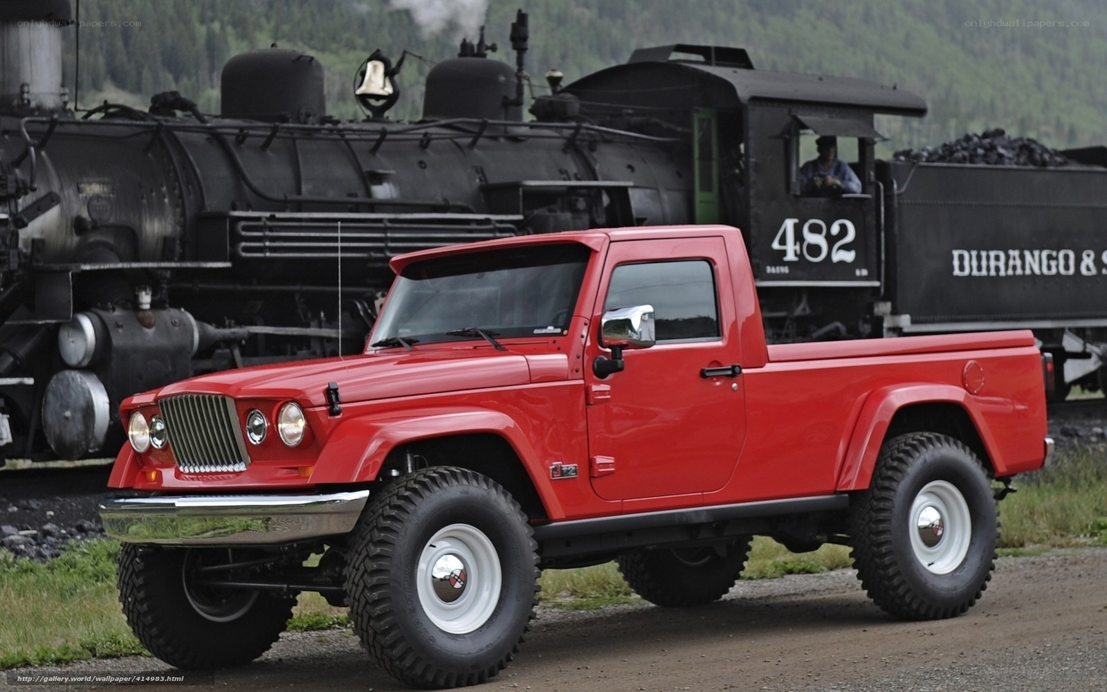 Red Jeep Truck Near Train