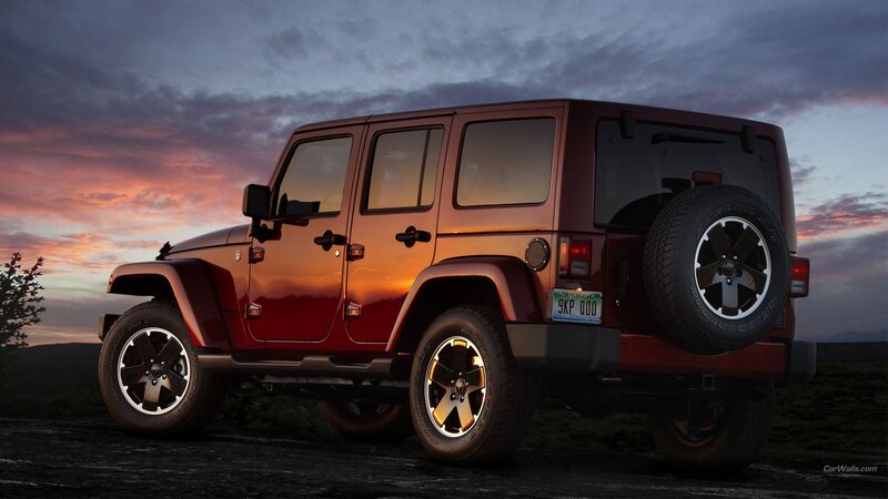 Red Jeep Wrangler — Dramatic, Sunset, Photograph, Tire