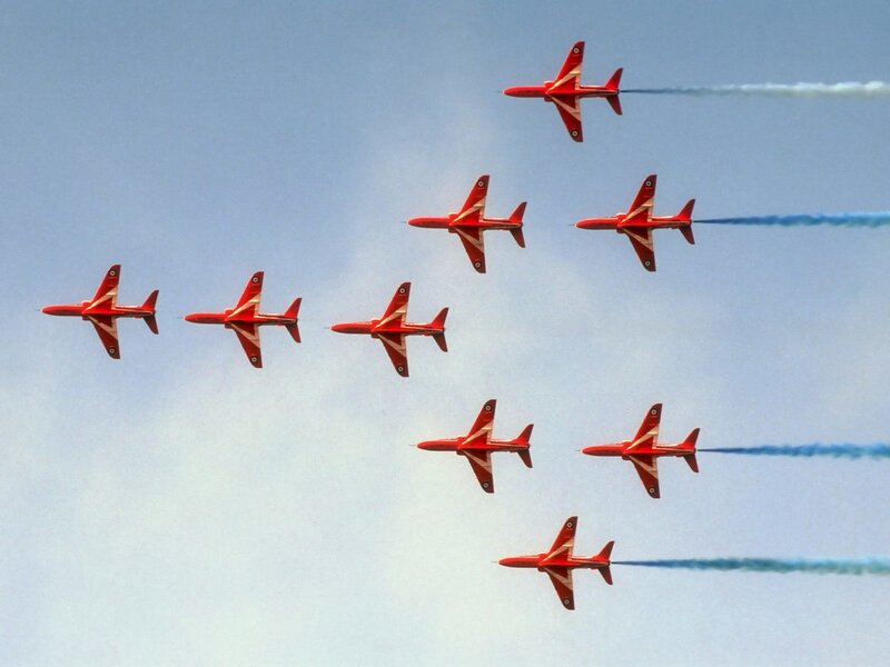 Red Jet Aircraft — Dynamic, Afternoon, Photograph, Smoke Trails