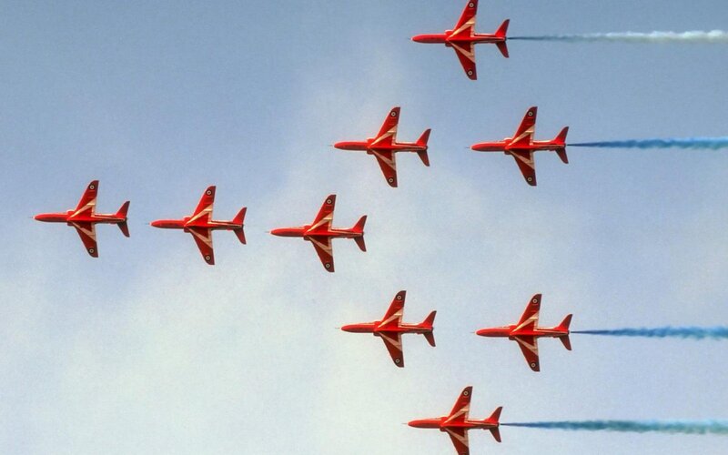 Red Jet Aircraft Formation — Afternoon