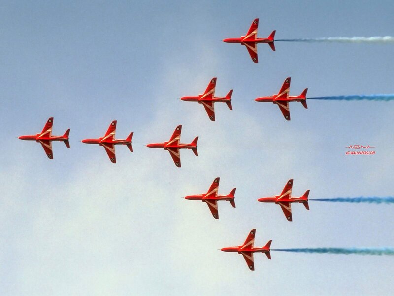 Red Jet Aircraft Formation — Dynamic, Afternoon, Photograph, Smoke Trails, Sky, Blue