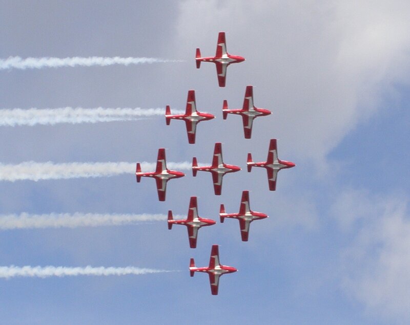 Red Jet Aircraft Formation — Dynamic, Afternoon, Photograph, Smoke Trails, Sky