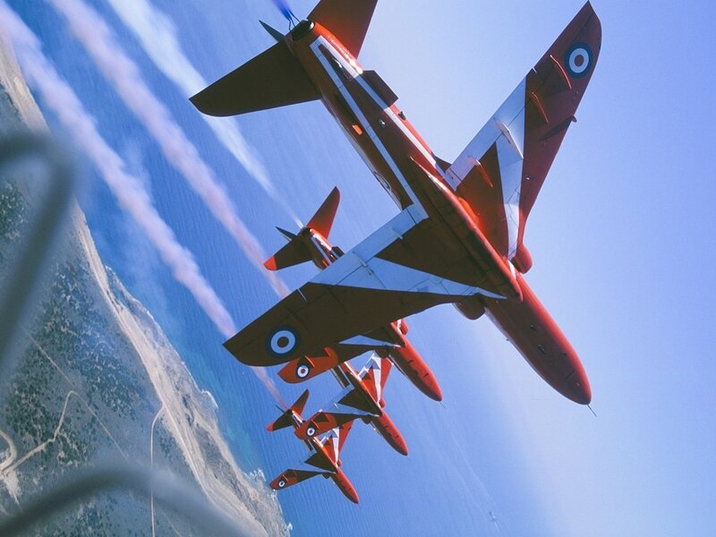 Red Jet Aircraft Formation — Dynamic, Afternoon, Photograph, Smoke Trails
