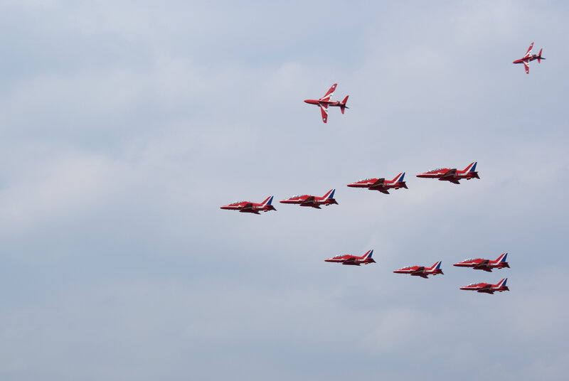 Red Jet Aircraft Formation — Dynamic, Photograph