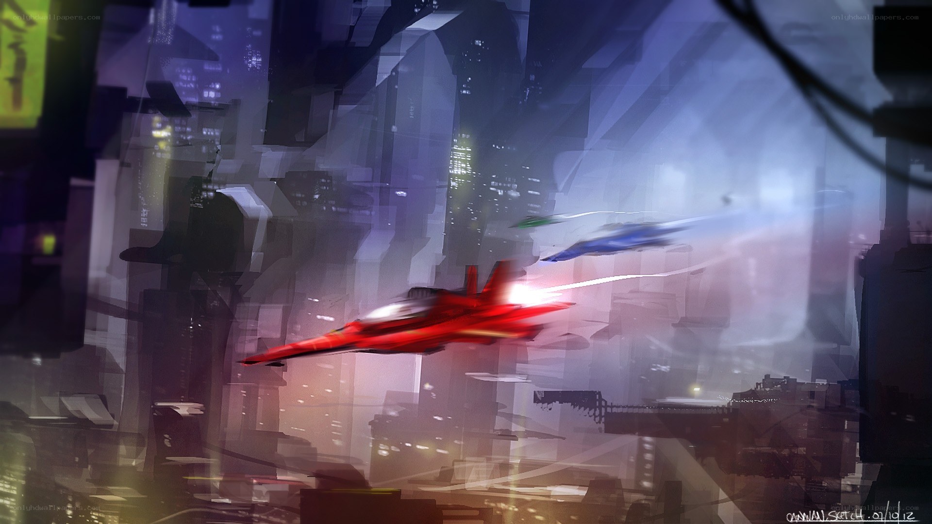 Red jet flying over city