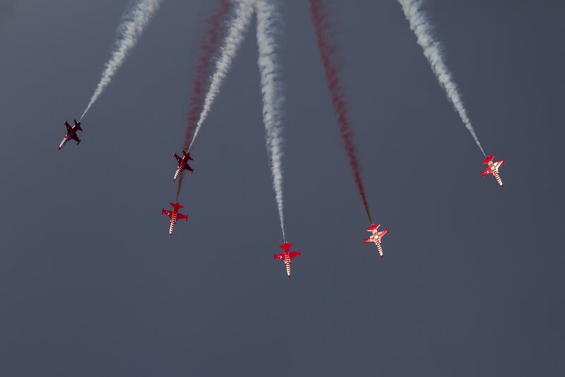Red Jet Planes in Formation — Dramatic