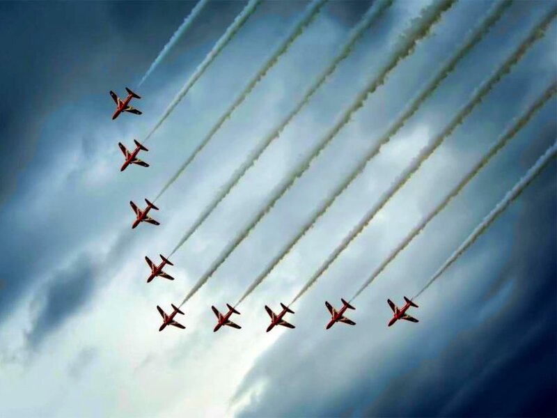 Red Jets in Formation — Dramatic, Photograph