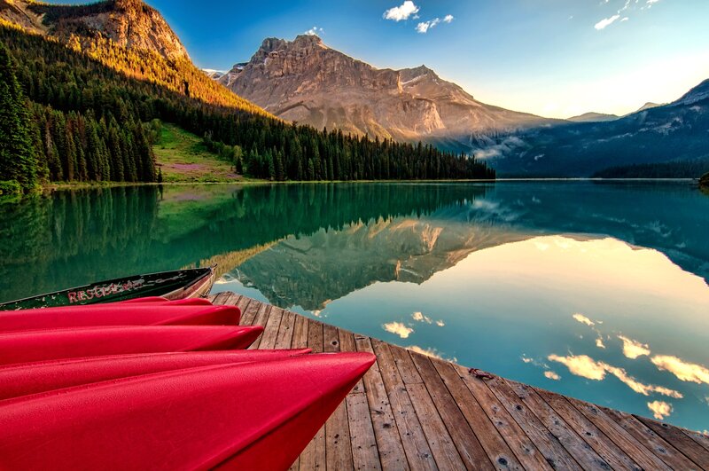 Red Kayaks on Dock