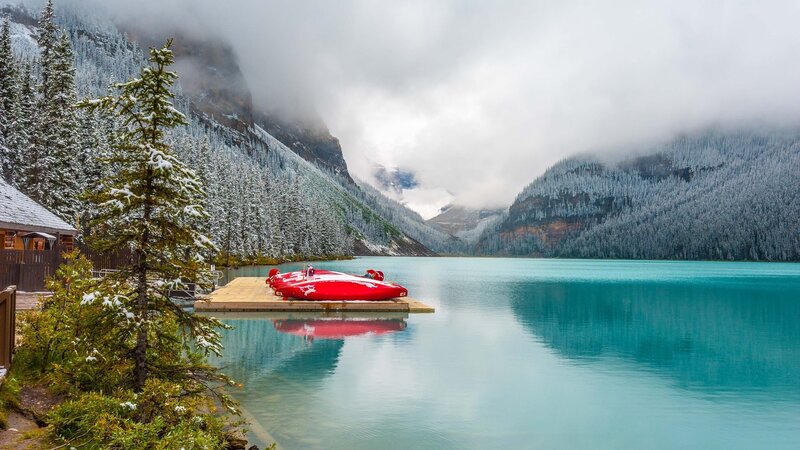 Red Kayaks on Lake