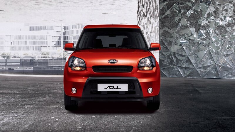 Red Kia Soul front view