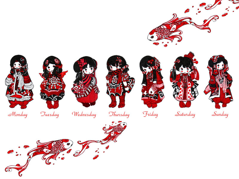 Red koi fish and dolls