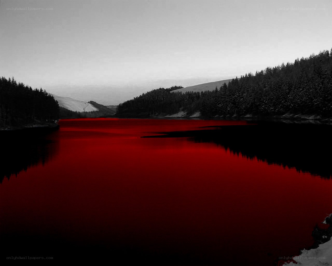 Red lake in black and white