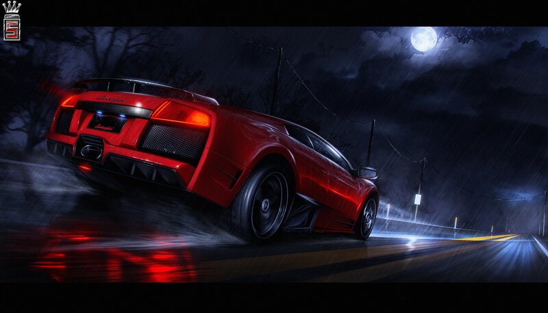 Red Lamborghini at night in rain